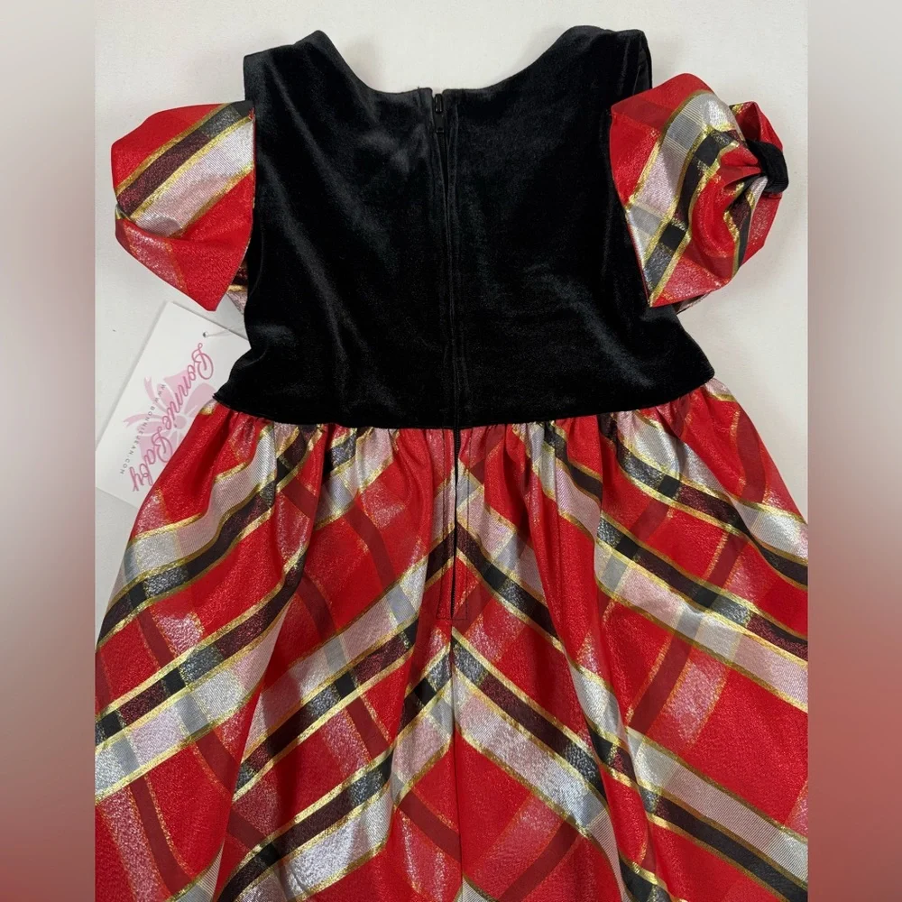 NWT BONNIE BABY Girl Red Plaid Velvet Holiday Dress Shoulder Bow Sleeves 24M NEW
